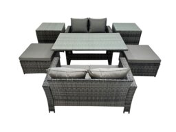 Rackhams 6 Seater Wicker PE Rattan Furniture Outdoor Dining Table Double Seat Sofa 2 Side Table 2 Big Stools Set Dark Grey Mixed - thumbnail 2