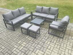 Rackhams Aluminium 9 Seater Outdoor Garden Furniture Lounge Sofa Set with Square Coffee Table Chair 2 Small Footstools Dark Grey - thumbnail 2