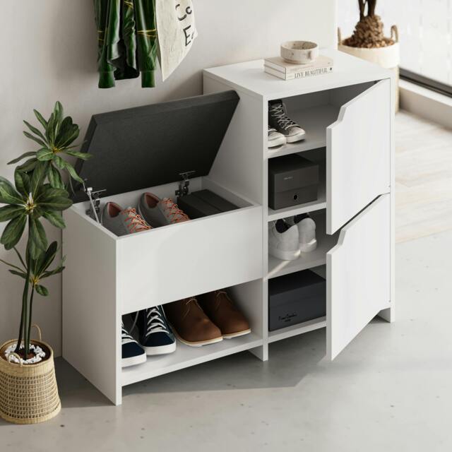 Rackhams Modern Haven Shoe Bench Rack White 101.5(W) Organiser Hallway 2 Cupboard Storage Cabinet 1 Open Shelf Fabric Seat - White - image 1