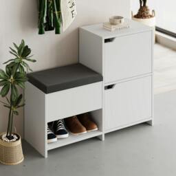Rackhams Modern Haven Shoe Bench Rack White 101.5(W) Organiser Hallway 2 Cupboard Storage Cabinet 1 Open Shelf Fabric Seat - White - thumbnail 6