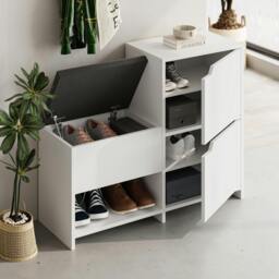 Rackhams Modern Haven Shoe Bench Rack White 101.5(W) Organiser Hallway 2 Cupboard Storage Cabinet 1 Open Shelf Fabric Seat - White - thumbnail 1
