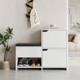 Rackhams Modern Haven Shoe Bench Rack White 101.5(W) Organiser Hallway 2 Cupboard Storage Cabinet 1 Open Shelf Fabric Seat - White - thumbnail 3
