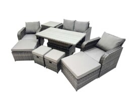 Rackhams 8 seater Patio Height Adjustable Rising Table Sofa Set Rattan Garden Furniture Dining Set with 2 Big Footstool Side Table Dark Grey Mixed - thumbnail 2