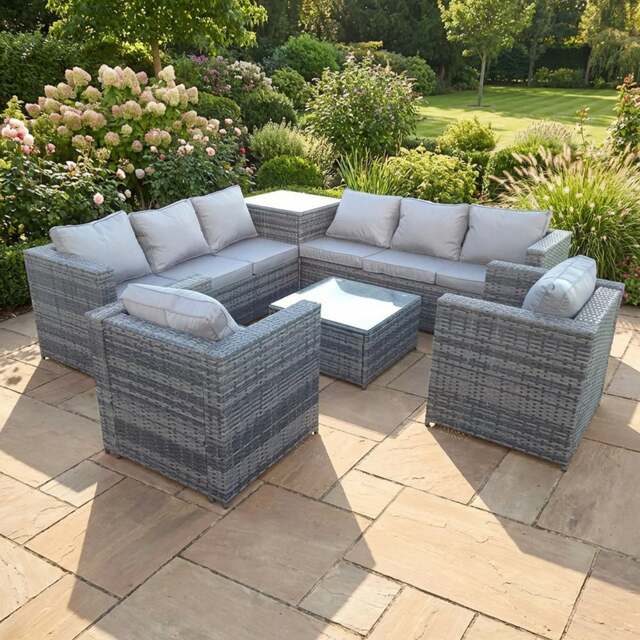 Rackhams Dark Mixed Grey Outdoor Rattan Garden Furniture Set Corner Sofa 2 Tables With 2 Chairs - image 1