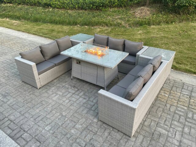 Rackhams Rattan Outdoor Garden Furniture Set With Gas Fire Pit Table, 3 Sofas, 2 Side Tables - 9 Seater - Light Grey - image 1