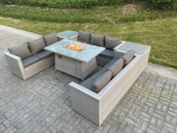 Rackhams Rattan Outdoor Garden Furniture Set With Gas Fire Pit Table, 3 Sofas, 2 Side Tables - 9 Seater - Light Grey - thumbnail 2