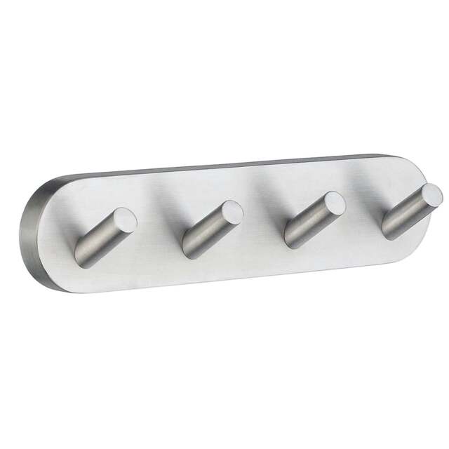 Rackhams Brushed Chrome Quadruple Towel Hook Rail 40mm x 178mm Wall Mounted Bathroom Rounded Robe Hooks Clothes Hanger Coat Peg