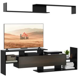 Rackhams TV Cabinet Unit w/ Wall-Mounted Shelf, Open Shelves Black and Brown - Black - thumbnail 3