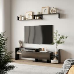 Rackhams TV Cabinet Unit w/ Wall-Mounted Shelf, Open Shelves Black and Brown - Black - thumbnail 1