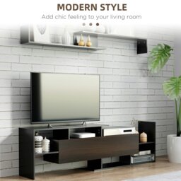 Rackhams TV Cabinet Unit w/ Wall-Mounted Shelf, Open Shelves Black and Brown - Black - thumbnail 4