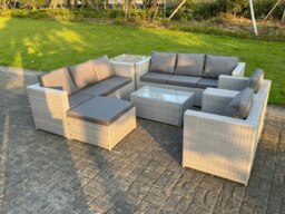 Rackhams 9 Seater Light Grey Outdoor PE Rattan Garden Furniture Set Sofa Set Coffee Table Footstool 2 Armchair - thumbnail 2