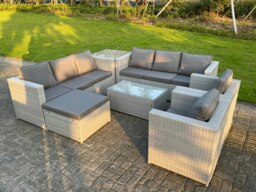 Rackhams 9 Seater Light Grey Outdoor PE Rattan Garden Furniture Set Sofa Set Coffee Table Footstool 2 Armchair - thumbnail 3