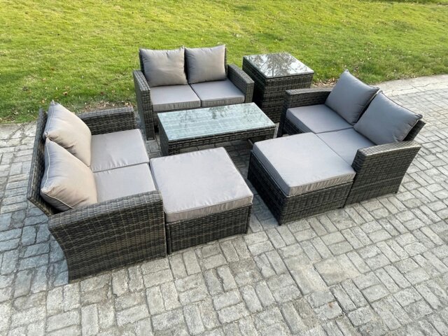 Rackhams Outdoor U Shape Sofa Set Wicker PE Rattan Garden Furniture Set with Coffee Table Double Seat Sofa 2 Big Footstool Side Table Dark Grey Mixed - image 1