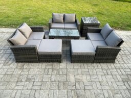 Rackhams Outdoor U Shape Sofa Set Wicker PE Rattan Garden Furniture Set with Coffee Table Double Seat Sofa 2 Big Footstool Side Table Dark Grey Mixed - thumbnail 2