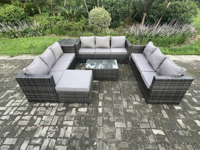 Rackhams 10 Seater Outdoor Lounge Sofa Set Wicker PE Rattan Garden Furniture Set with Oblong Coffee Table Side Table Big Footstool Dark Grey Mixed - image 1