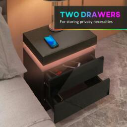 Rackhams Black Bedside Table with LED Light, High Gloss Front Nightstand with 2 Drawers, for Living Room, Bedroom - thumbnail 6