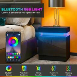 Rackhams Black Bedside Table with LED Light, High Gloss Front Nightstand with 2 Drawers, for Living Room, Bedroom - thumbnail 4