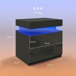 Rackhams Black Bedside Table with LED Light, High Gloss Front Nightstand with 2 Drawers, for Living Room, Bedroom - thumbnail 3