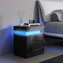 Rackhams Black Bedside Table with LED Light, High Gloss Front Nightstand with 2 Drawers, for Living Room, Bedroom - thumbnail 2