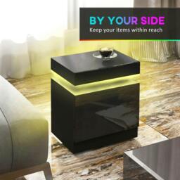 Rackhams Black Bedside Table with LED Light, High Gloss Front Nightstand with 2 Drawers, for Living Room, Bedroom - thumbnail 5