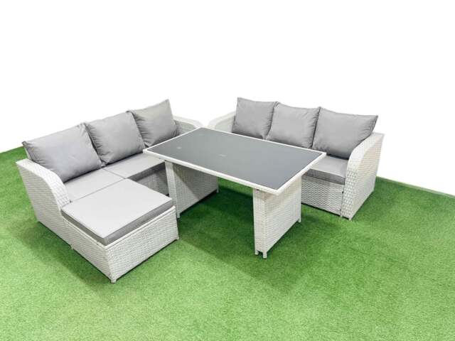 Rackhams 7 Seater Rattan Outdoor Dining Table 3 Seater Sofa Set with Big Stool Light Grey - image 1