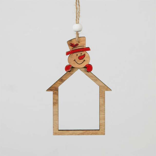 Rackhams 35cm Wooden Christmas Hanging Decoration Snowman Head Home Shape with Twine - 35cm x 25cm x 2.5cm - Wood - Garden - image 1