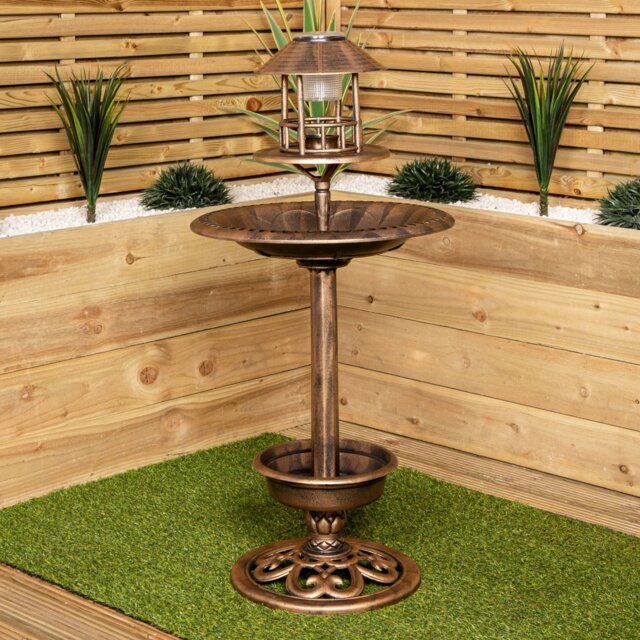 Rackhams 1.1m Bronze Effect Resin Garden Bird Bath & Table with Solar Light - image 1