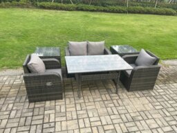 Rackhams Outdoor Rattan Garden Furniture Lounge Sofa Set With Oblong Rectangular Dining Table 2 PC Reclining Chair 2 PC Side Tables - thumbnail 2