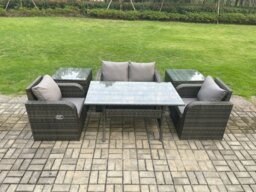Rackhams Outdoor Rattan Garden Furniture Lounge Sofa Set With Oblong Rectangular Dining Table 2 PC Reclining Chair 2 PC Side Tables - thumbnail 1