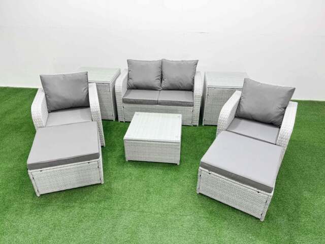 Rackhams Light Grey PE Wicker Rattan Garden Furniture Set Sofa Set Reclining Adjustable Chair Square Coffee Table 6 Seater 2 Big Stools 2 Side Table - image 1