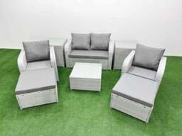 Rackhams Light Grey PE Wicker Rattan Garden Furniture Set Sofa Set Reclining Adjustable Chair Square Coffee Table 6 Seater 2 Big Stools 2 Side Table - thumbnail 1