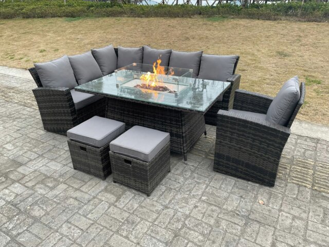 Rackhams High Back Rattan Garden Furniture Sets Gas Fire Pit Dining Table Gas Heater Set Left Corner Sofa Small Footstools Chair 9 Seater - image 1