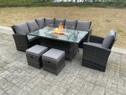 Rackhams High Back Rattan Garden Furniture Sets Gas Fire Pit Dining Table Gas Heater Set Left Corner Sofa Small Footstools Chair 9 Seater - thumbnail 1