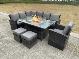Rackhams High Back Rattan Garden Furniture Sets Gas Fire Pit Dining Table Gas Heater Set Left Corner Sofa Small Footstools Chair 9 Seater - thumbnail 2