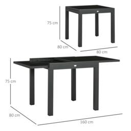 Rackhams Extending Garden Table, Outdoor Dining Table with Aluminium Frame and Tempered Glass Tabletop, 80/160 x 80 x 75 cm, Black - thumbnail 3