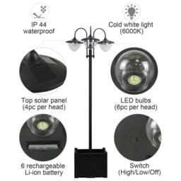 Rackhams 189cm 3-head Solar Lamp Post, Street Light with Planter, Automatic-on, 6 Hour Max Outdoor Ready LED Lighting, Black - thumbnail 6