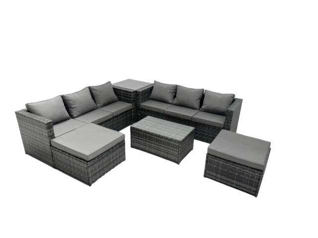 Rackhams Rattan Garden Furniture Dining Set 8 seater Patio Coffee Table Sofa Set with Side Table 2 Big Footstools Dark Grey Mixed - image 1