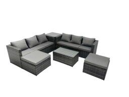 Rackhams Rattan Garden Furniture Dining Set 8 seater Patio Coffee Table Sofa Set with Side Table 2 Big Footstools Dark Grey Mixed - thumbnail 1