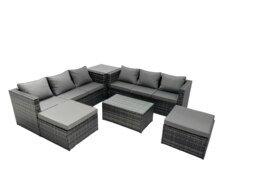Rackhams Rattan Garden Furniture Dining Set 8 seater Patio Coffee Table Sofa Set with Side Table 2 Big Footstools Dark Grey Mixed - thumbnail 2