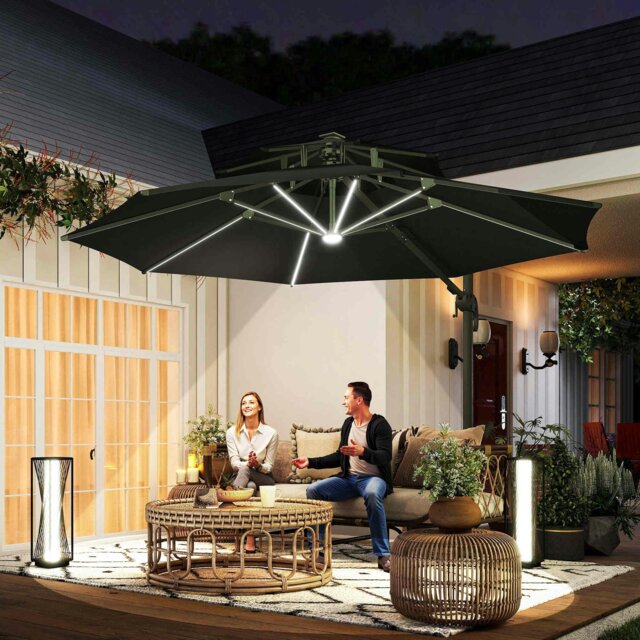 Rackhams 3m Cantilever Parasol Solar Lights Power Bank Base 360° Spin Beige - Dark Grey - 330cm x 330cm x 280cm - image 1