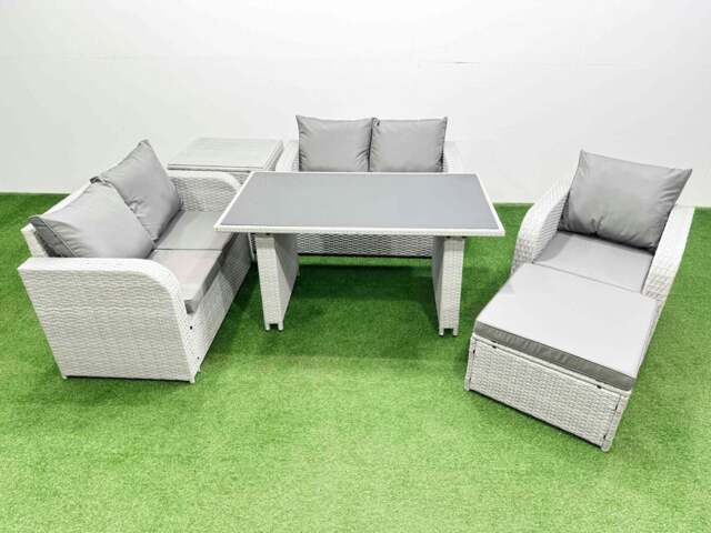 Rackhams Rattan Sofa Outdoor Furniture with Dining Table,Side Table,Love Sofa,Big Stool Patio Furniture Light Grey 6 Seater - image 1