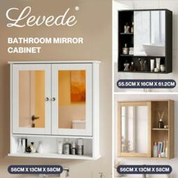 Rackhams Bathroom Mirror Cabinet Wall Mounted Storage Cupboard with Open Shelf - Black - thumbnail 2