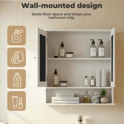 Rackhams Bathroom Mirror Cabinet Wall Mounted Storage Cupboard with Open Shelf - Black - thumbnail 5