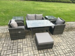 Rackhams Outdoor Rattan Garden Furniture Lounge Sofa Set With Oblong Rectangular Dining Table 2 PC Reclining Chair 2 PC Side Table Big Footstool - thumbnail 2