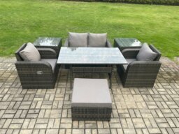 Rackhams Outdoor Rattan Garden Furniture Lounge Sofa Set With Oblong Rectangular Dining Table 2 PC Reclining Chair 2 PC Side Table Big Footstool - thumbnail 1
