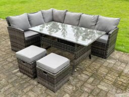 Rackhams High Back Dark Mixed Grey Rattan Corner Sofa Set Outdoor Furniture Rectangular Dining Table 2 Small Footstools 8 Seater - thumbnail 2