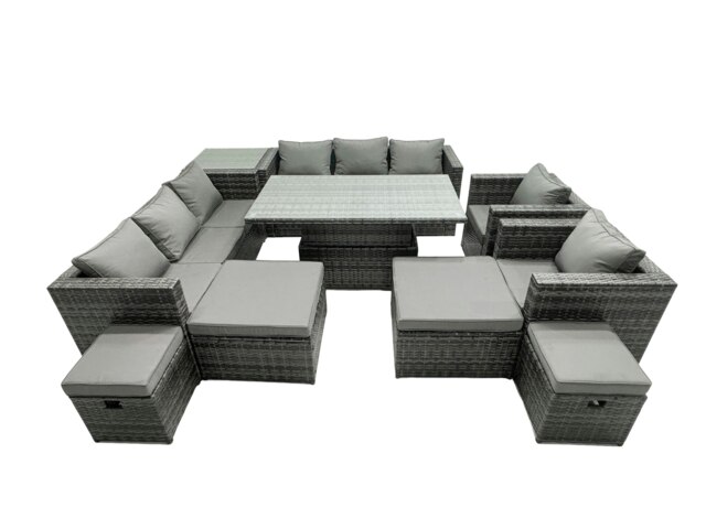 Rackhams Rattan Dining Table Sofa Set with Side Table 2 Armchair 4 Stools Outdoor 12 Seat Garden Furniture Set Dark Grey Mixed - image 1