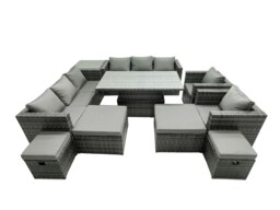 Rackhams Rattan Dining Table Sofa Set with Side Table 2 Armchair 4 Stools Outdoor 12 Seat Garden Furniture Set Dark Grey Mixed - thumbnail 2