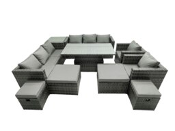 Rackhams Rattan Dining Table Sofa Set with Side Table 2 Armchair 4 Stools Outdoor 12 Seat Garden Furniture Set Dark Grey Mixed - thumbnail 1