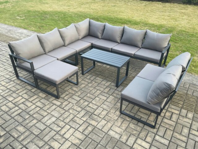 Rackhams Aluminium 10 Seater Patio Outdoor Garden Furniture Lounge Corner Sofa Set with Oblong Coffee Table with Big Footstool Dark Grey